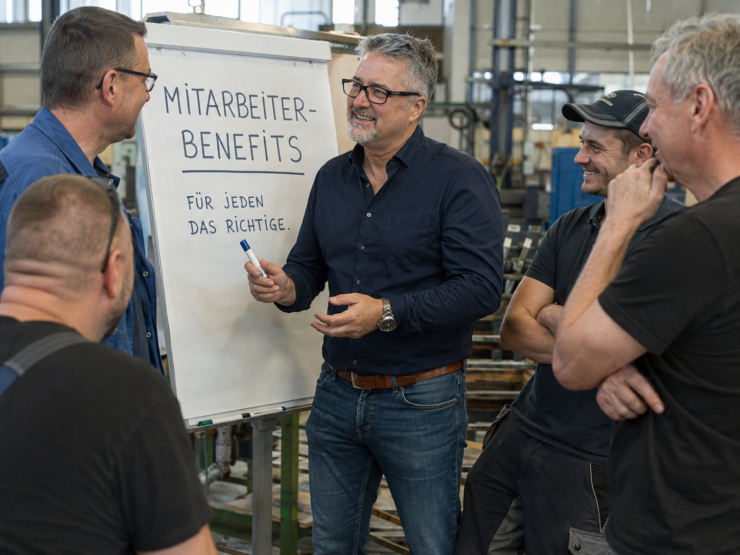 Markus Feistle erklärt einem Team im Betrieb die Mitarbeiter-Benefits
