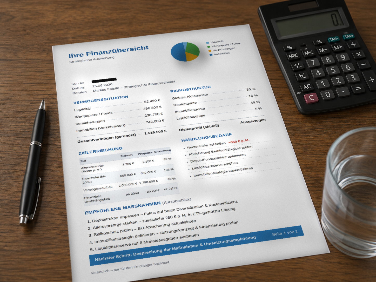 Beispiel einer Finanzübersicht auf einer Seite, daneben Stift und Taschenrechner