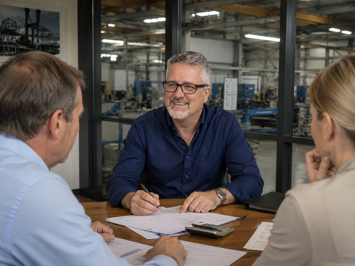 Markus Feistle im Gespräch mit einem Unternehmerpaar im Betrieb