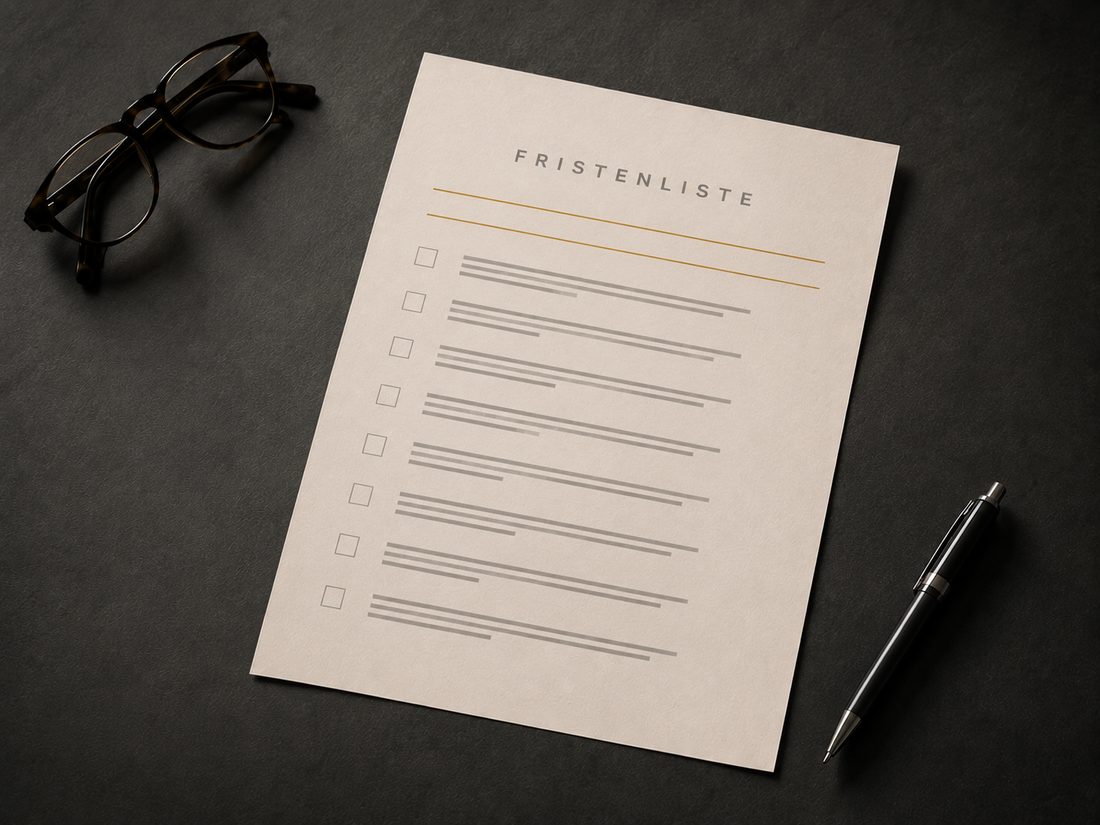 Die Fristenliste als ausgedrucktes Blatt mit Ankreuzfeldern, daneben Lesebrille und Stift