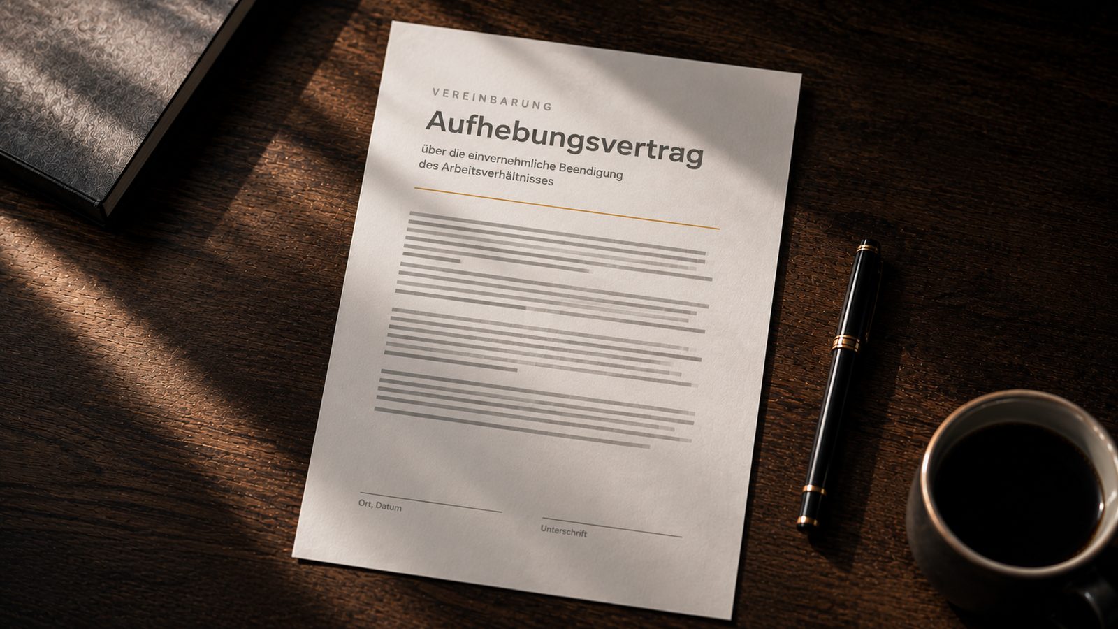 Aufhebungsvertrag mit noch leerer Unterschriftszeile auf einem Schreibtisch, daneben ein ungenutzter Füller