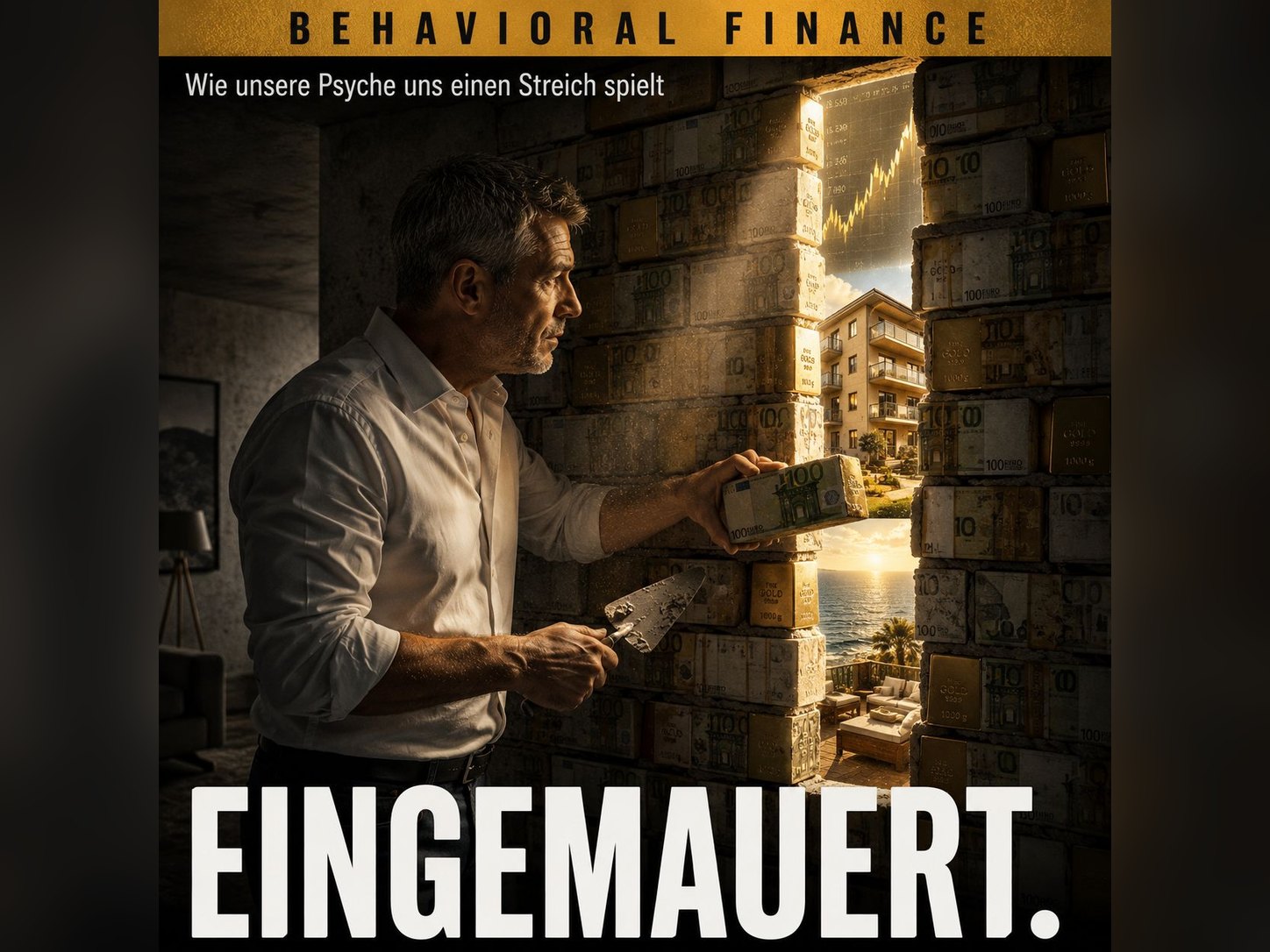 Ein Mann mauert mit Kelle und Geldb&uuml;ndeln den letzten Durchbruch in einer Wand aus Banknoten und Goldbarren zu; durch die verbleibende &Ouml;ffnung sind ein steigender Kursverlauf, ein Mehrfamilienhaus und eine Terrasse am Meer zu sehen. Dar&uuml;ber der Reihentitel Behavioral Finance und das Wort Eingemauert.
