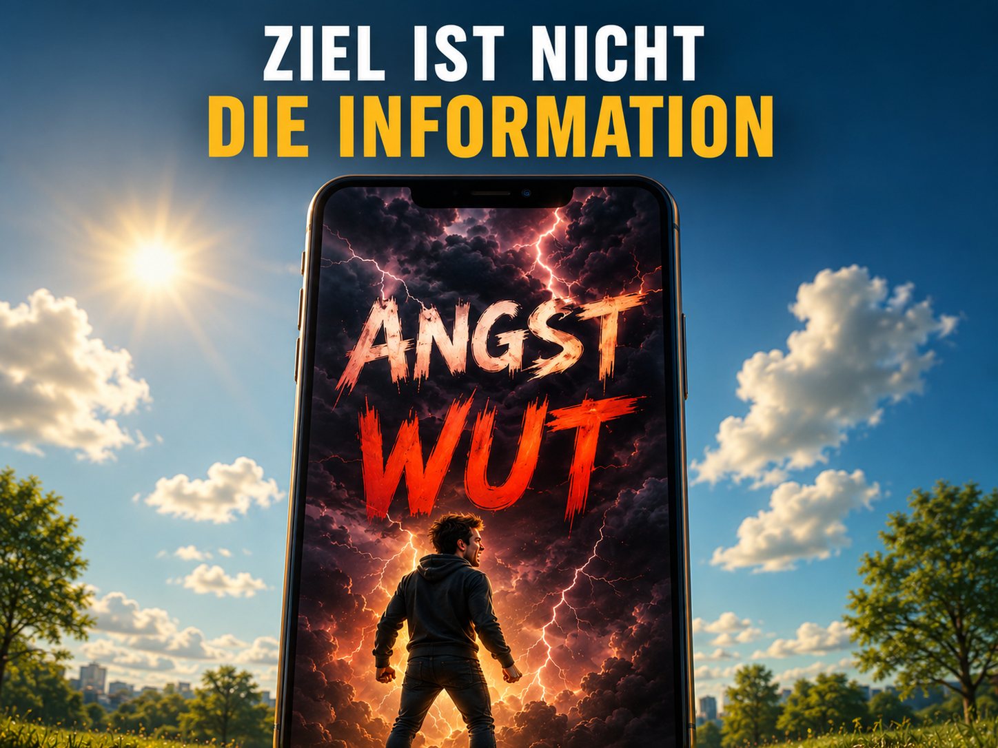Ein Mann steht vor einem &uuml;bergro&szlig;en Smartphone, auf dessen Bildschirm ein Gewitter mit den Worten Angst und Wut lodert, w&auml;hrend ringsum die Sonne scheint