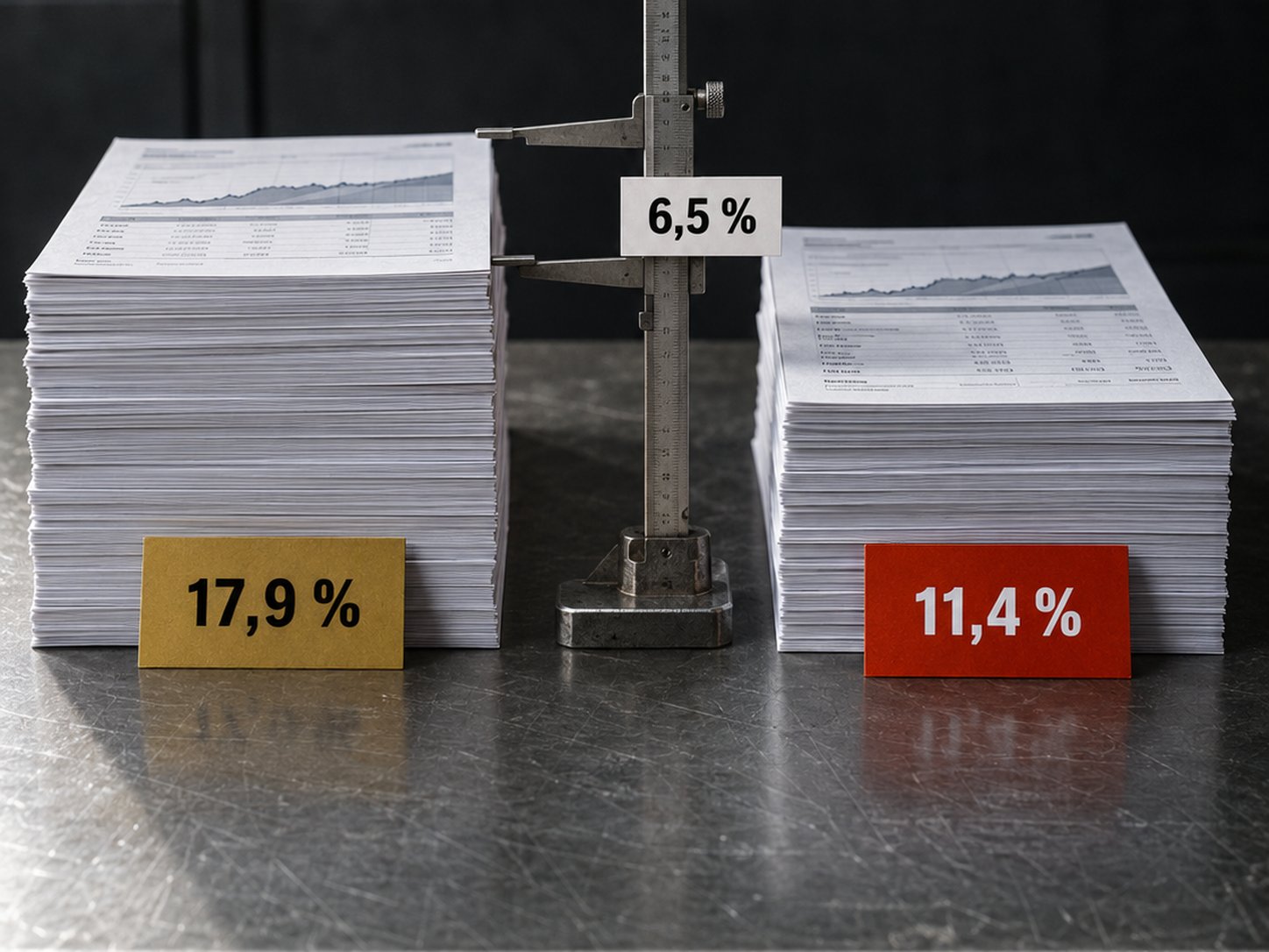 Zwei unterschiedlich hohe Stapel Depotausz&uuml;ge auf einem Stahltisch, dazwischen ein Messschieber: 17,9 Prozent Marktrendite gegen 11,4 Prozent beim aktivsten F&uuml;nftel, Abstand 6,5 Prozentpunkte